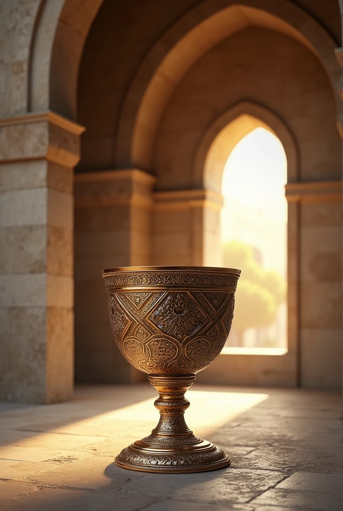 Create a digital artwork that captures the essence of Byzantine art. The piece is a cezve, a pot used for brewing traditional Turkish coffee in geometric style. The setting is serene and religious, akin to sepulchers. The artwork also incluied style of product design.