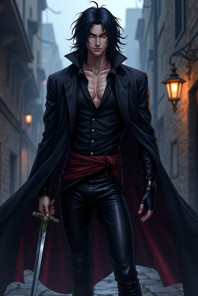 create an anime style image of a very handsome roguish man with a mysterious expression, dark cloak, a Rapier in hand, jet black hair, scarlet eyes, defined body, muscular chest out, muscular arms, tight leather pants