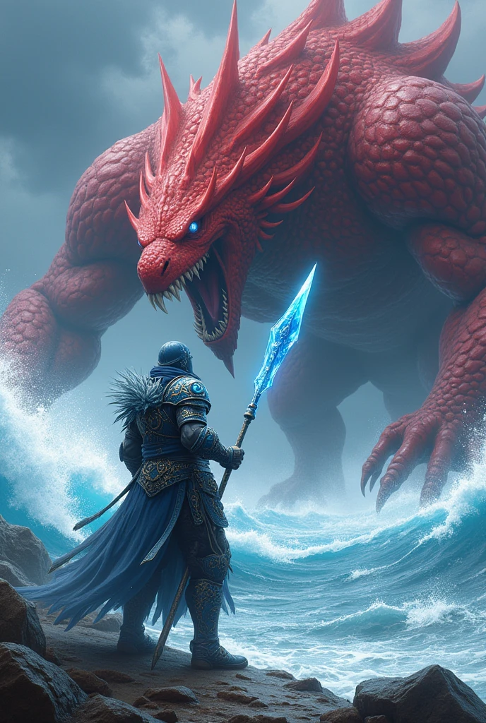 (realistic 1.2) (hyperrealistic 1.3) (anime style) sea warrior fighting a giant red monster with an ice spear