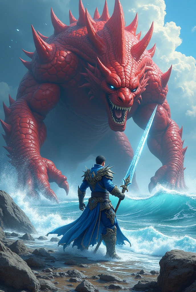 (realistic 1.2) (hyperrealistic 1.3) (anime style) sea warrior fighting a giant red monster with an ice spear