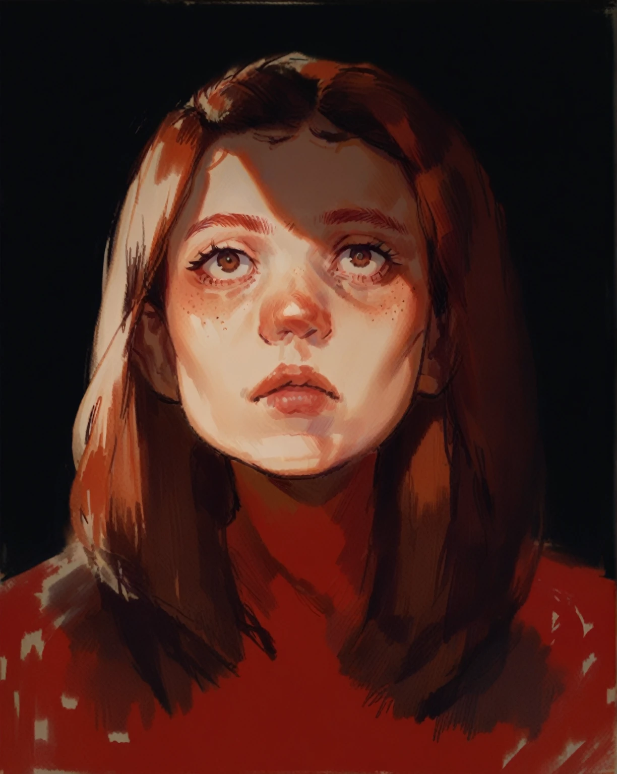 score_9, score_8_up, score_7_up, 1girl, darm giginger hair, T0n1, half open mouth, hazel bright eyes