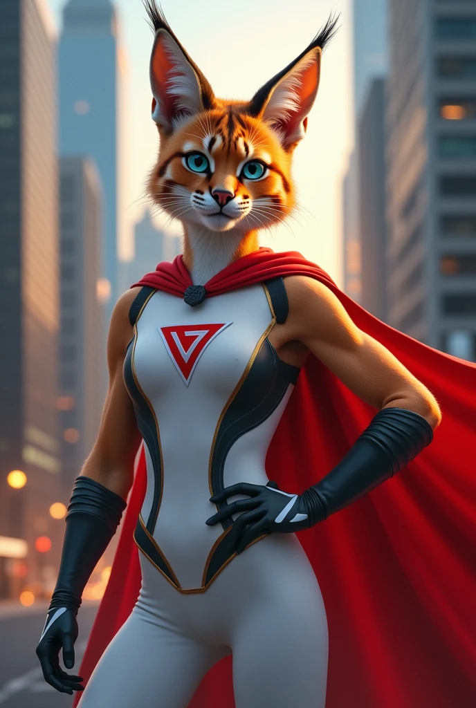 anthro caracal, with golden orange and fur, with black caracal stripes and a white underside, light blue eyes, wearing a tight white Spandex clothing with a red Upside down triangle symbol on the chest and a Red cape