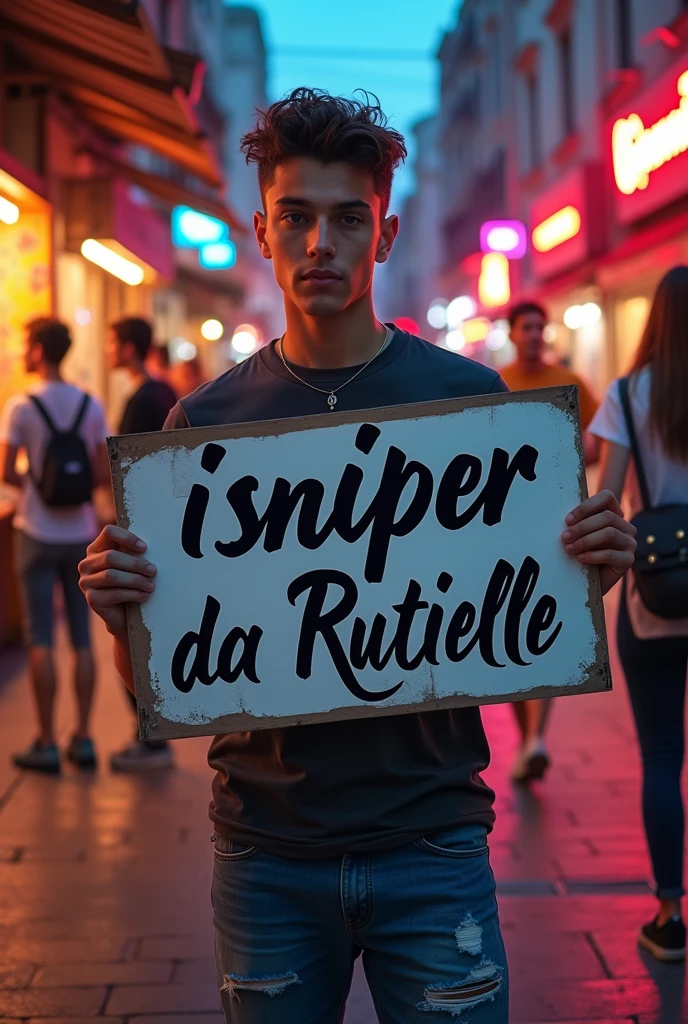 Young man holding the following phrase: isniper da Rutielle