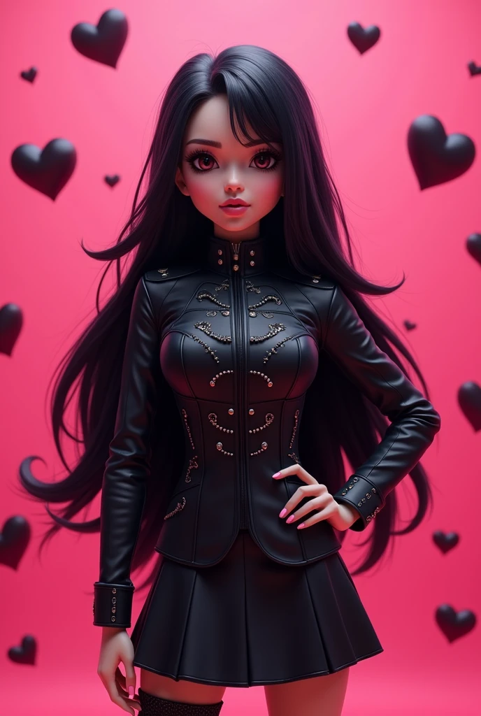 Generate roblox character in girl with super very black long hair with black uniform with black skirt and background in pink with beautiful black hearts