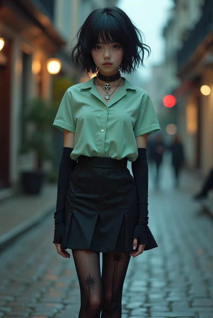 The girl had black hair, short, Wavy; slanted brown eyes; white; stomach 1,75; slightly big breasts; she wore a pastel green shirt, loose hair, black skirt, black but slightly transparent and long stockings, gothic boots, long black fingerless gloves and a skull necklace; years.