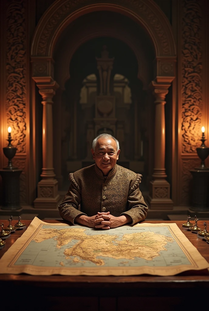 Create an image of Gajah Mada, the legendary Majapahit military leader, sitting in a grand, dimly-lit room with a large map of Nusantara spread out before him on a wooden table. He should be depicted with a focused and cunning expression, perhaps with a slight smile, as he contemplates his next move. The map should show ancient Java and surrounding islands. The room should have elements of traditional Javanese architecture, with intricate carvings and dim light casting shadows.