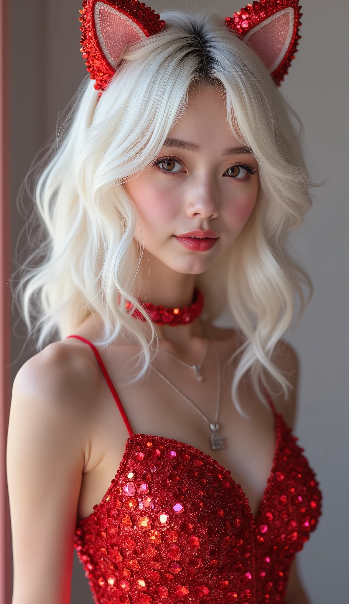 (masterpiece, Best Quality), intricate details, realist, photorealist, Full Body Portrait, Instagram Photo of a woman wearing aretes, Mary R., inspired by Emma Andijewska, wrapped in crystals,(masterpiece:1.3), (Best Quality:1.3), (Ultra-detailed:1.2), ((kawaii)), Cute, (lovely), ((sexy)), ((Extremely detailed)), 4K, (8K), Best Quality, (Beautiful), Illustration, anime style, (bold line:1.2), Gradation,(best quality, ultra-detailed, photorealistic: 1.39), bright and vibrant colors, studio lighting, (Perfect eyes:1.2), (Perfect iris:1.2), romantic kawaii expression, cute delicate smile, kawaii makeup, 17-year-old e-girl, short red dress, platinum braided and curl white hair, cat ears, big breasts, fit, long wavy hair, mercenary, Mary R.