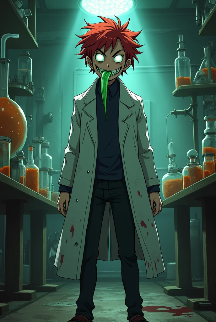 Create a thin evil man character with short red hair, white eyes, sharp teeth, long tongue sticking out, green saliva, in anime style scientist outfit