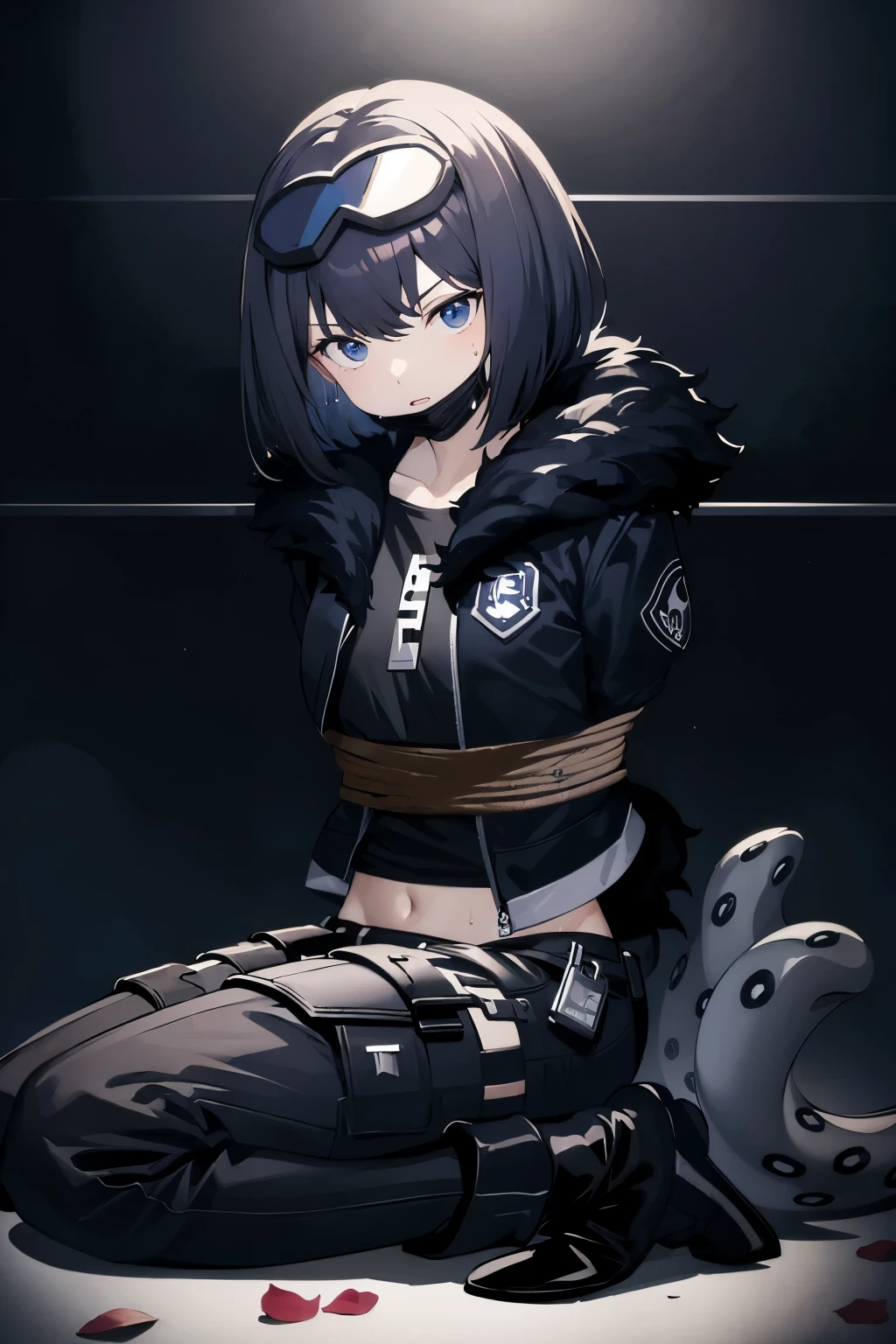 ((((hands tied behind)))), (((arms behind back))), petals, ((sweat)), bondage, ((brown rope)),