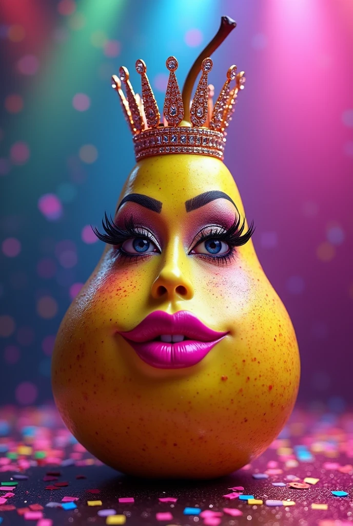 a fruit (pear) with drag queen makeup and wearing a  beautiful crown 