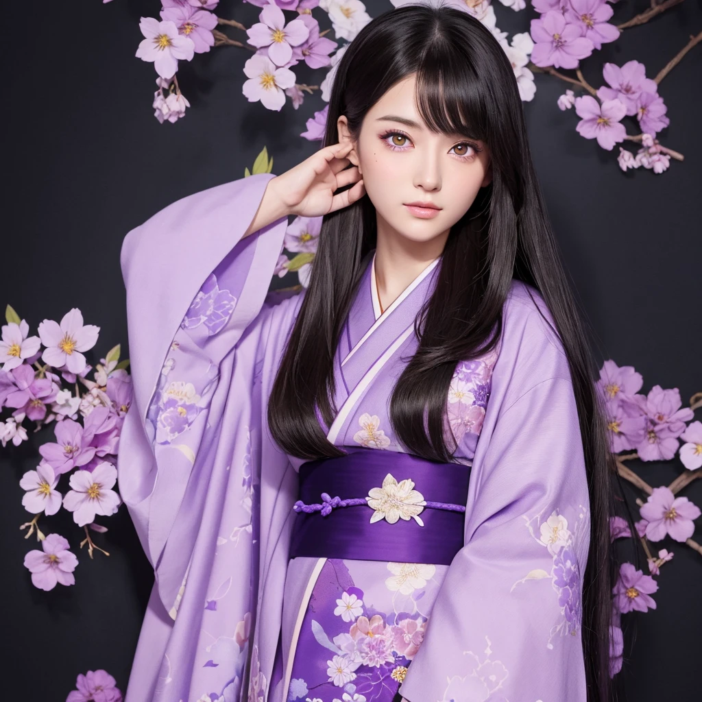 Draw a standing illustration of a woman with purple eyes and hair、Draw a full-body standing image of a woman with long hair, wearing a kimono with a violet pattern on a black background, a mole on the left side of her face, and long, narrow eyes.