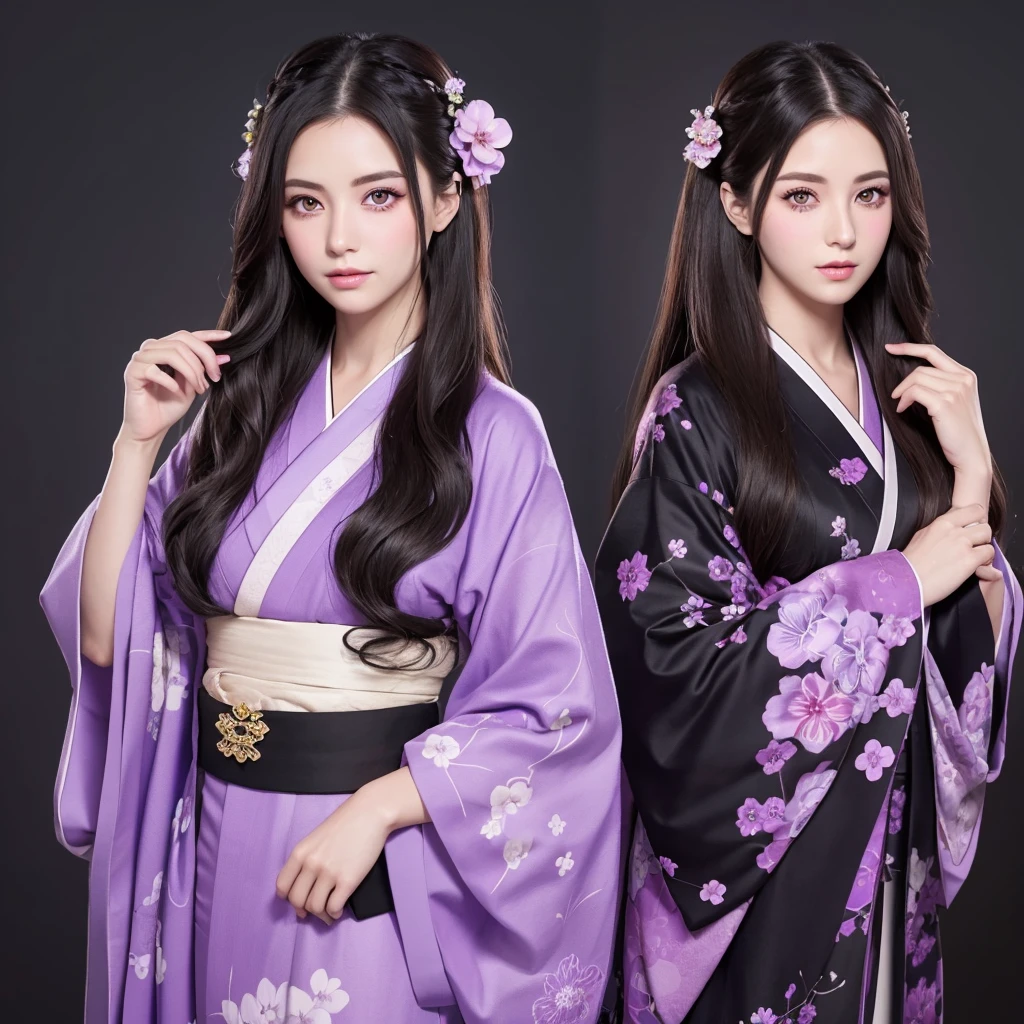 Draw a standing illustration of a woman with purple eyes and hair、Draw a full-body standing image of a woman with long hair, wearing a kimono with a violet pattern on a black background, a mole on the left side of her face, and long, narrow eyes.