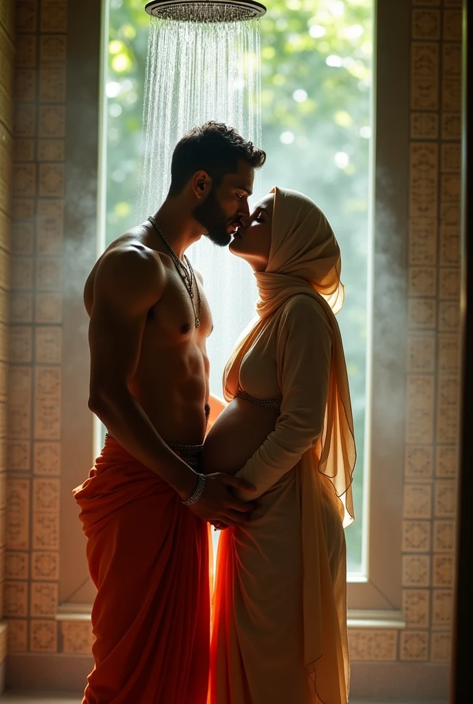 Young muscular Hindu pandit giving kiss to pregnant muslim women wearing hijab on bathroom taking shower