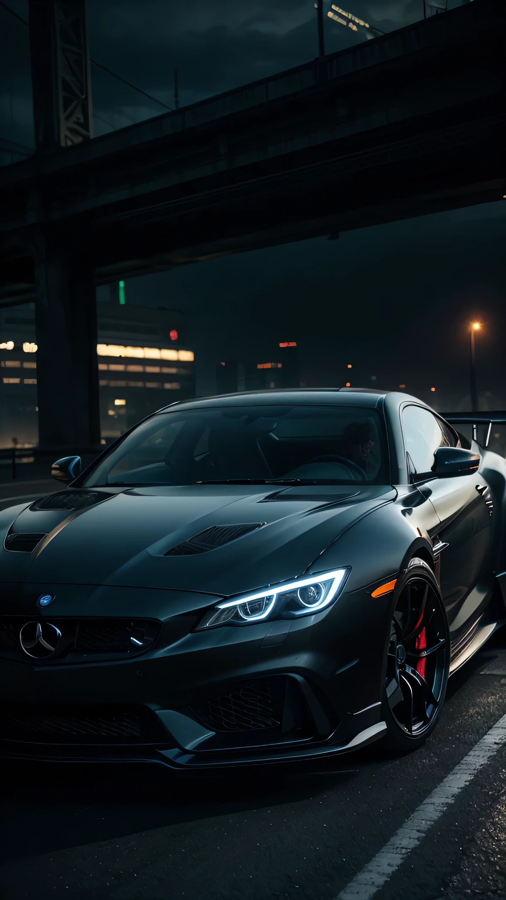 Black luxury sports car with blinding headlights in a dark cyberpunk Gotham city