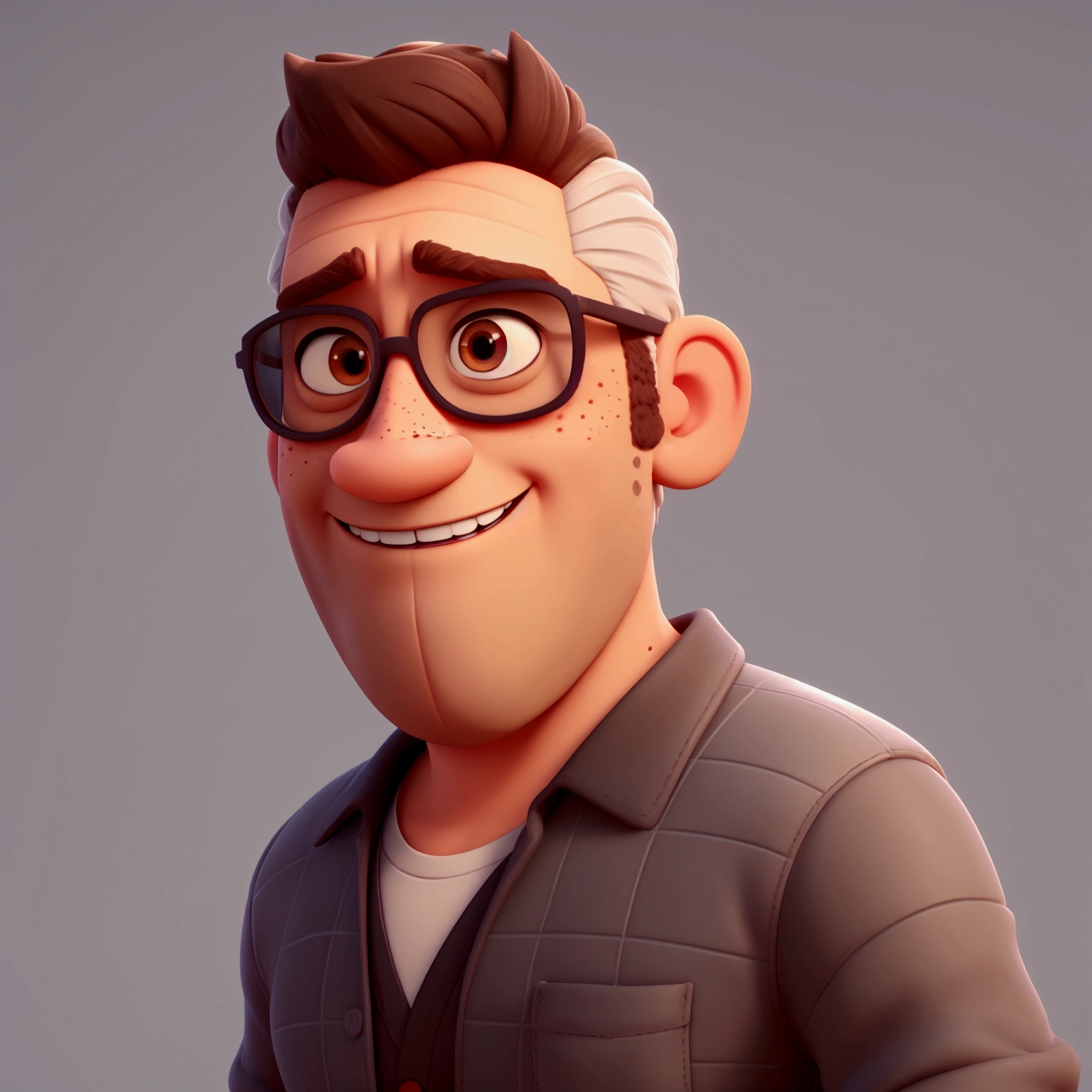 Cartoon character of a man with short gray hair and a big, closed beard, about 120 kilograms, few freckles on the face, Brown eyes, with black glasses and a black shirt, animation character, stylized character, animation style rendering, 3D stylized, Arnold Maya rendering, Render 3D stylized, Toon render keyshot, 3D character, 3D character, Stylized 3D rendering, 3d character rendering, cartoon character, Close-up character, Character pose, (pixar style) (master part:1.2) (bokeh) (Best Quality) (detailed skin) (detailed texture) (8k) (clay) (cinematic lighting) (sharp focus)