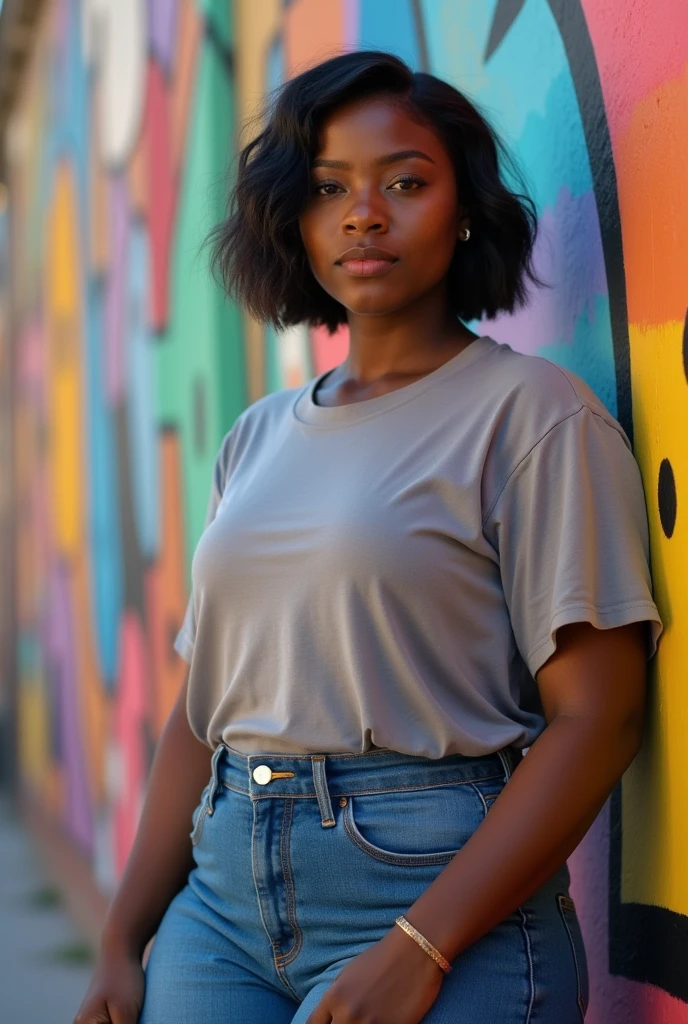 photo, 35 years old black skin tamilian-nigerian-japanes woman, 5'4 feet, short indian hair, thick body, wide hips, nose piercing, medium sized pouty lips, big dark brown eyes, nerdy, androgynous, wearing jeans and tshirt
