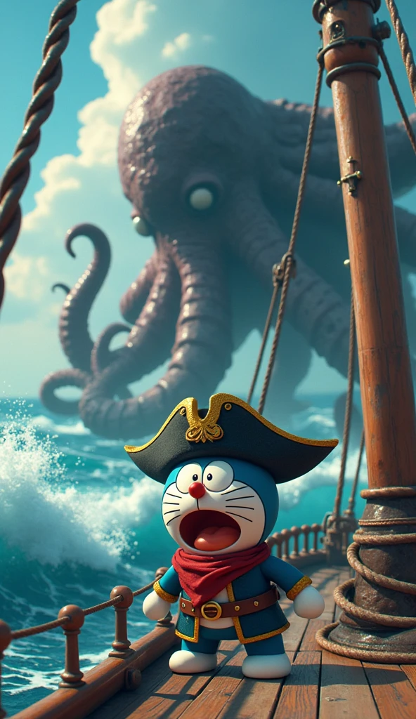 An image of Captain Doraemon wearing a pirate costume on a ship at sea. . Doraemon encounters a giant octopus monster in the middle of the sea . Doraemon's face is panicked. 3D 4K high-definition image