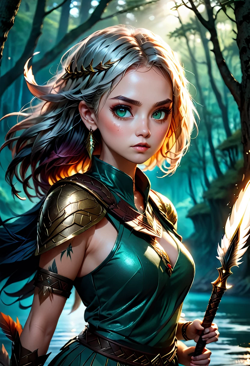 (masterpiece), anime style, wide eyes, 1 girl, Ice and fire hair female-focused, 1 girl, solo focused, dynamic lighting, UHD, Ember color eyes, beautiful sparkle eyes, expressive eyes, Princess Mananoke style cloth, warrior hunter cloths, tattoo, holding, weapon, bone_spear, feather, tribal, forest, nighttime, lake, green shrubs, fantasy animals,