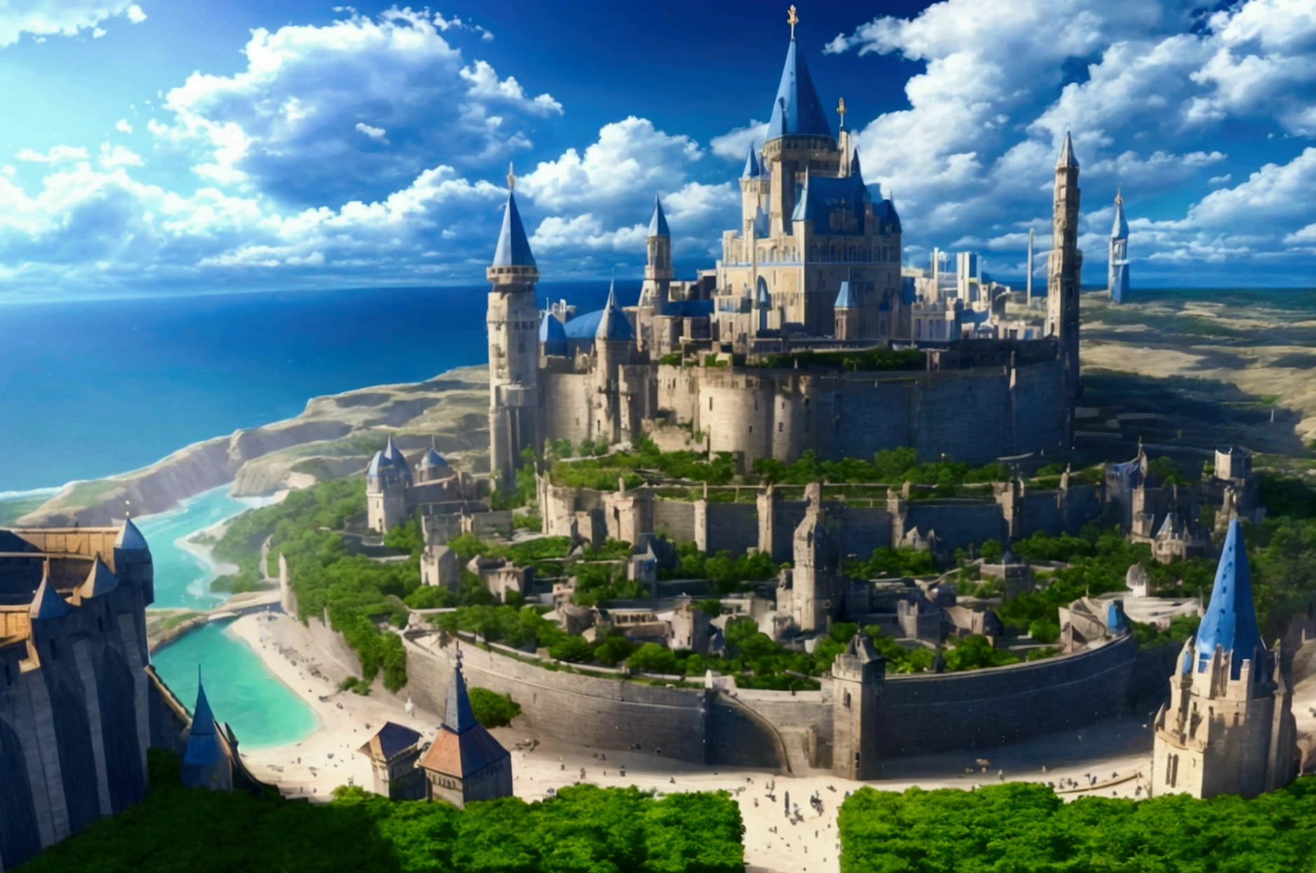 (32k, 8k, high graphics, high resolution, high details) medieval fantasy kingdom, panoramic view, extremely beautiful place, huge tower in the center, wonderful view, blue and majestic sky with clouds