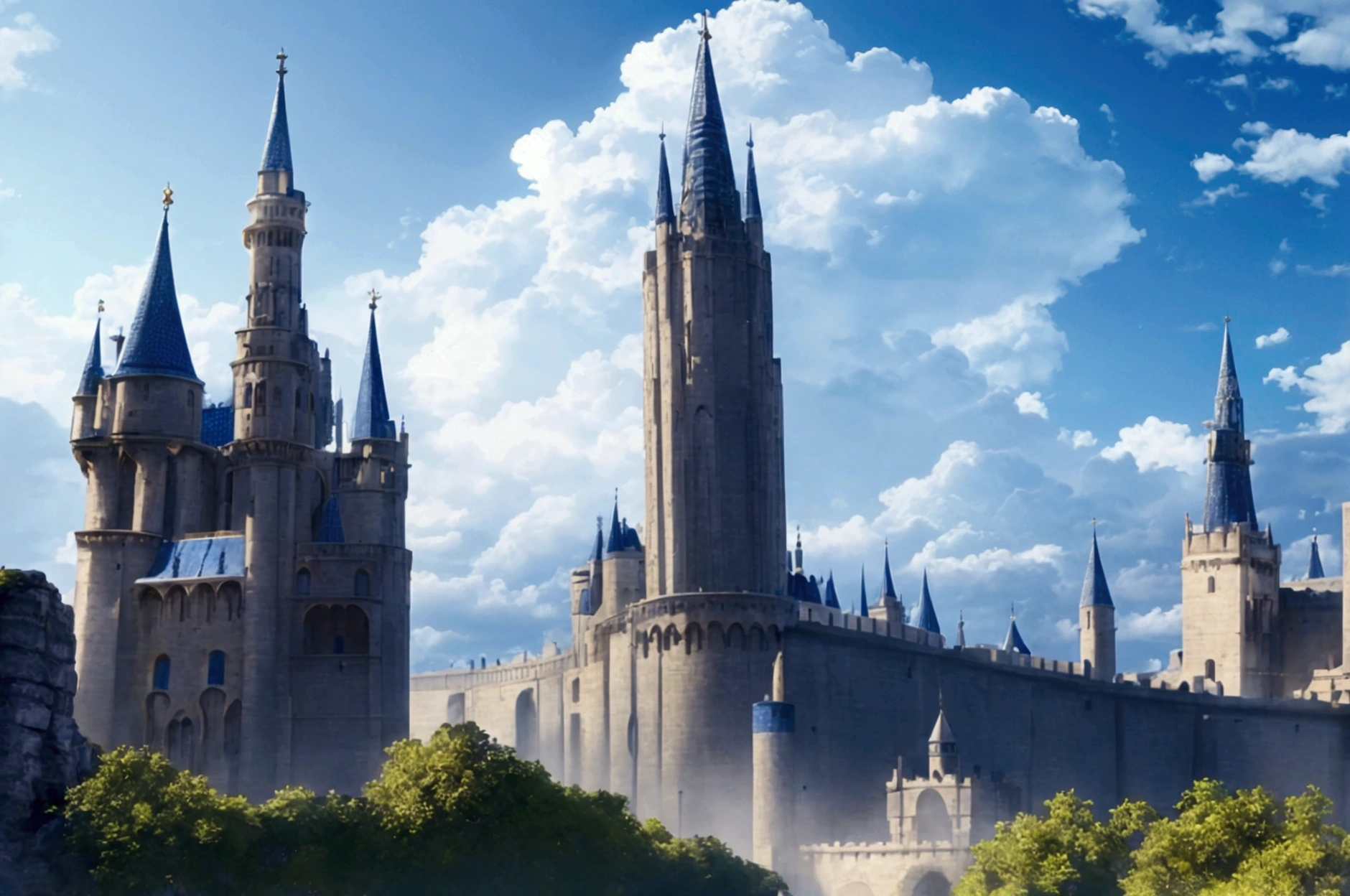 (32k, 8k, high graphics, high resolution, high details) medieval fantasy kingdom, panoramic view, extremely beautiful place, huge tower in the center, wonderful view, blue and majestic sky with clouds