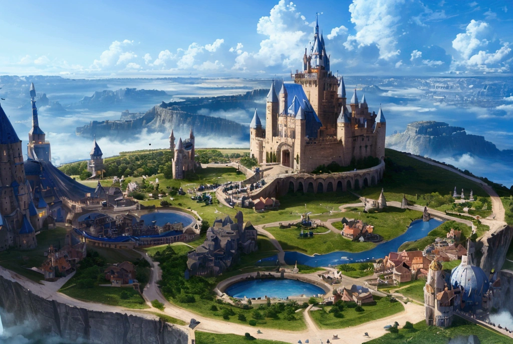 (32k, 8k, high graphics, high resolution, high details) medieval fantasy kingdom, panoramic view, extremely beautiful place, huge tower in the center, wonderful view, blue and majestic sky with clouds