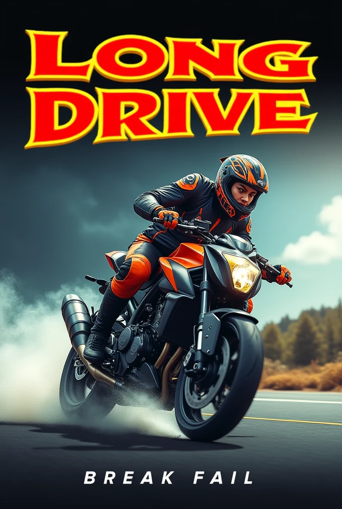"Create a dynamic thumbnail for 'Long Drive - Break Fail' featuring a dramatic image of a bike with smoke or a screeching effect from the brakes. Include bold, eye-catching text that reads 'Long Drive - Break Fail' and add a surprised or worried expression on the driver’s face. Use bright, contrasting colors to make the thumbnail stand out and attract viewers."--16:9