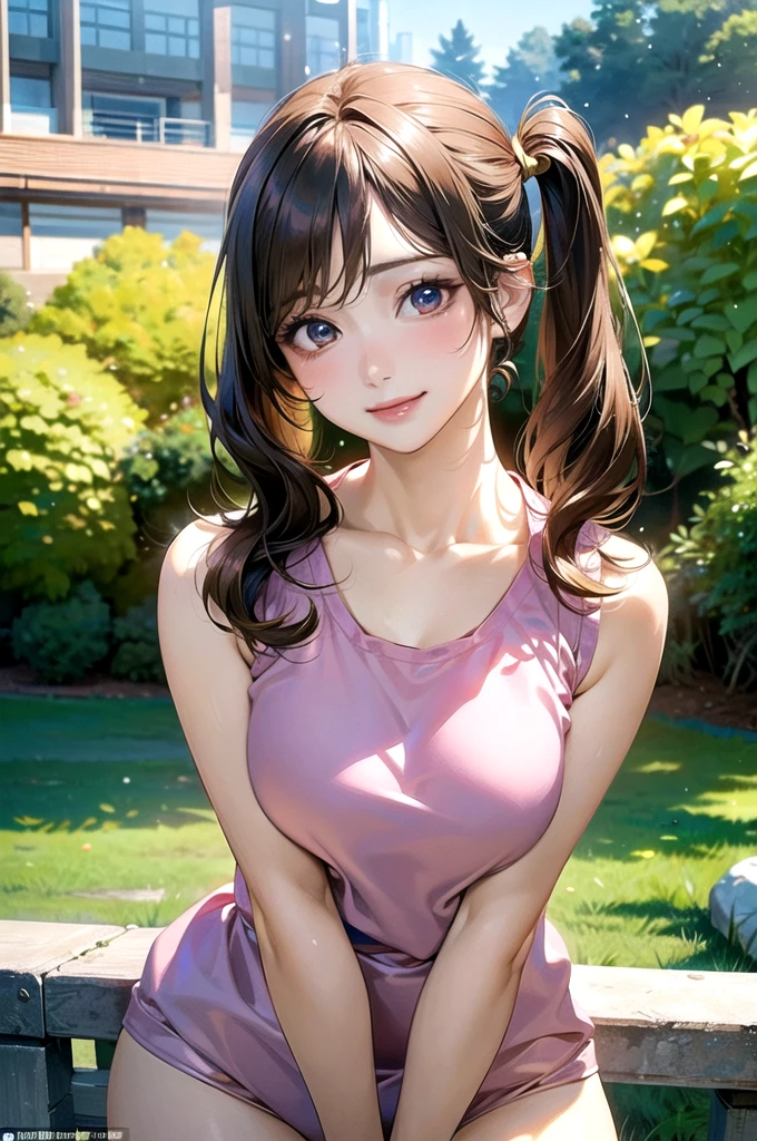 (masterpiece:1.2, top-quality), (realistic, photorealistic:1.4), beautiful illustration, (natural side lighting, movie lighting), 
looking at viewer, upper body, (front view), 1 girl, japanese, , perfect face, cute and symmetrical face, shiny skin, babyface, 
(middle hair:1.2, side ponytail, light brown hair), gold eyes, (large breasts:0.6, seductive thighs), 
beautiful hair, beautiful face, beautiful detailed eyes, beautiful clavicle, beautiful body, beautiful chest, beautiful thigh, beautiful legs, beautiful fingers, 
(Pink gym uniform, buruma,), 
(beautiful scenery), evening, sports hall, peace sign, (lovely smile, upper eyes), 