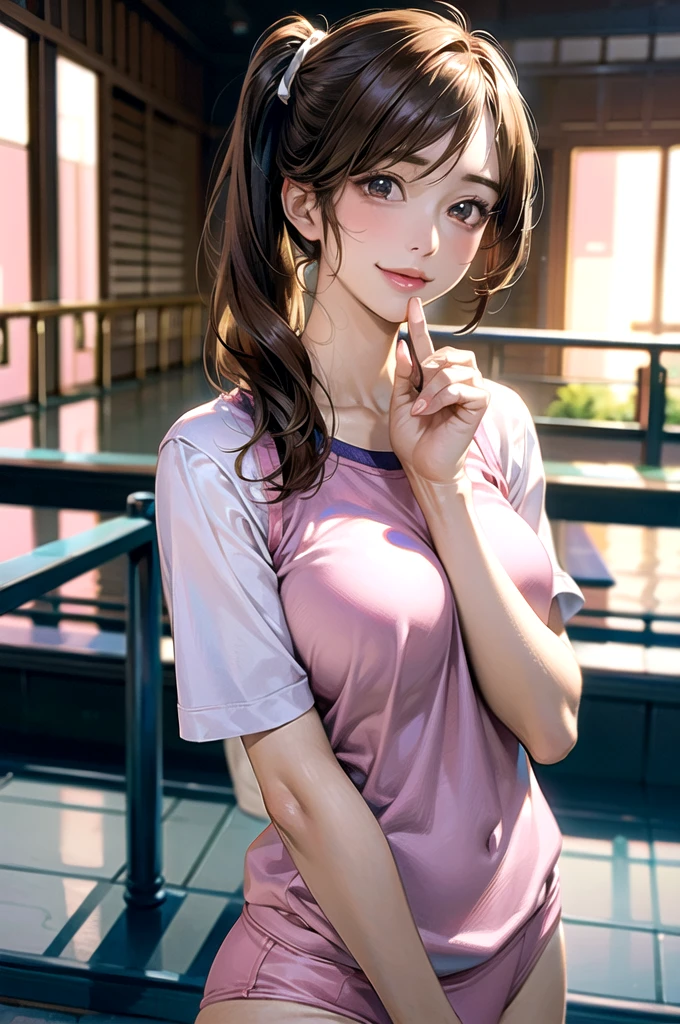 (masterpiece:1.2, top-quality), (realistic, photorealistic:1.4), beautiful illustration, (natural side lighting, movie lighting),
looking at viewer, upper body, (front view), 1 girl, japanese, , perfect face, cute and symmetrical face, shiny skin, babyface,
(middle hair:1.2, side ponytail, light brown hair), gold eyes, (large breasts:0.6, seductive thighs),
beautiful hair, beautiful face, beautiful detailed eyes, beautiful clavicle, beautiful body, beautiful chest, beautiful thigh, beautiful legs, beautiful fingers,
(Pink gym uniform, buruma,),
(beautiful scenery), evening, sports hall, peace sign, (lovely smile, upper eyes),