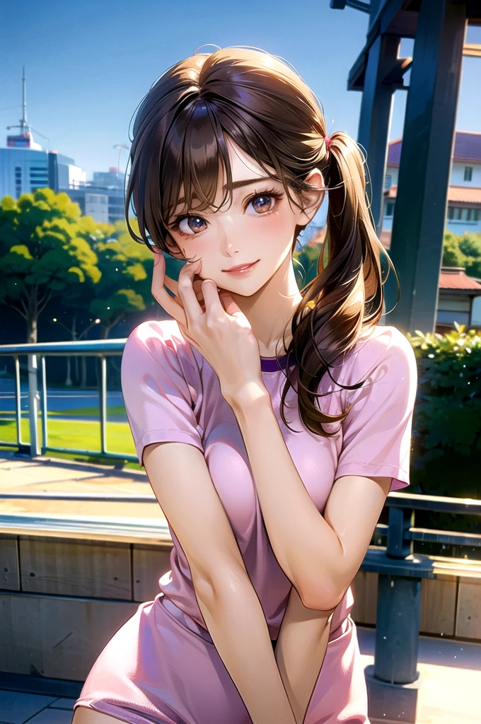 (masterpiece:1.2, top-quality), (realistic, photorealistic:1.4), beautiful illustration, (natural side lighting, movie lighting), 
looking at viewer, upper body, (front view), 1 girl, japanese, , perfect face, cute and symmetrical face, shiny skin, babyface, 
(middle hair:1.2, side ponytail, light brown hair), gold eyes, (large breasts:0.6, seductive thighs), 
beautiful hair, beautiful face, beautiful detailed eyes, beautiful clavicle, beautiful body, beautiful chest, beautiful thigh, beautiful legs, beautiful fingers, 
(Pink gym uniform, buruma,), 
(beautiful scenery), evening, sports hall, peace sign, (lovely smile, upper eyes), 