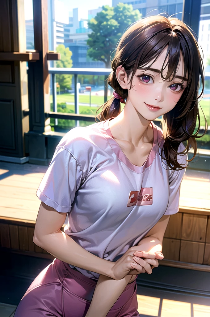 (masterpiece:1.2, top-quality), (realistic, photorealistic:1.4), beautiful illustration, (natural side lighting, movie lighting),
looking at viewer, upper body, (front view), 1 girl, japanese, , perfect face, cute and symmetrical face, shiny skin, babyface,
(middle hair:1.2, side ponytail, light brown hair), gold eyes, (large breasts:0.6, seductive thighs),
beautiful hair, beautiful face, beautiful detailed eyes, beautiful clavicle, beautiful body, beautiful chest, beautiful thigh, beautiful legs, beautiful fingers,
(Pink gym uniform, buruma,),
(beautiful scenery), evening, sports hall, peace sign, (lovely smile, upper eyes),
