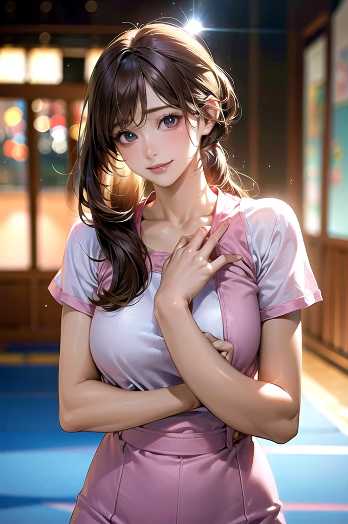 (masterpiece:1.2, top-quality), (realistic, photorealistic:1.4), beautiful illustration, (natural side lighting, movie lighting), 
looking at viewer, upper body, (front view), 1 girl, japanese, , perfect face, cute and symmetrical face, shiny skin, babyface, 
(middle hair:1.2, side ponytail, light brown hair), gold eyes, (large breasts:0.6, seductive thighs), 
beautiful hair, beautiful face, beautiful detailed eyes, beautiful clavicle, beautiful body, beautiful chest, beautiful thigh, beautiful legs, beautiful fingers, 
(Pink gym uniform, buruma,), 
(beautiful scenery), evening, sports hall, peace sign, (lovely smile, upper eyes), 