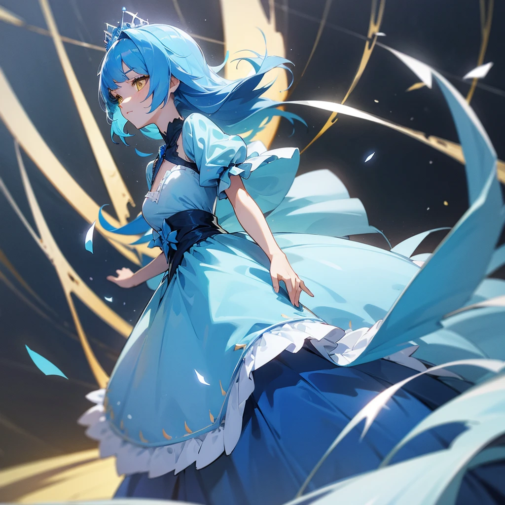A princess with azure hair, yellow eyes, and a mature blue dress.