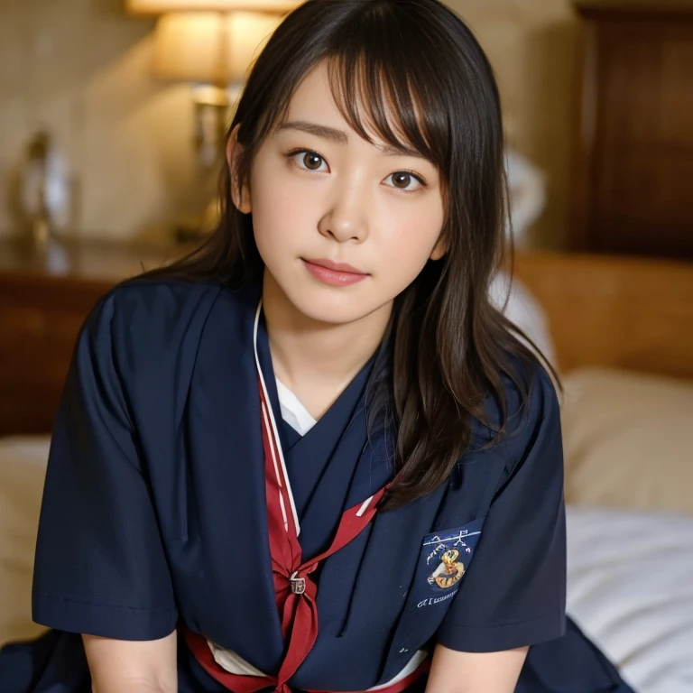 (Masterpiece, Best quality:1.4), (Ultra realistic, Photo-realistic:1.2), Natural light, 25 years old actress, Japanese women, Neat and clean, (school uniform, sailor suit, short sleeve suit, traditional Japanese style with white and navy blue colors, detailed red ribbon and navy blue pleated skirt:1.2), (Ponytail:1.2), Short wavy hair, Light brown hair color, (Beautiful Faces), Oval face, clear, (Beautiful eyes, Kind eyes), (Clear skin), Small face, (Small mouth), (Beautiful mouth), Natural makeup, Approachable, Luxury hotel Suite room, On bed, Seductive smile, (Seductive pose:1.2), (Beautiful thighs:1.1), (Bedroom eyes), (nsfw:1.3), (lesbian couple:1.1), (petting together:1.2), obscene reality of girls, (crotch rub:1.1),