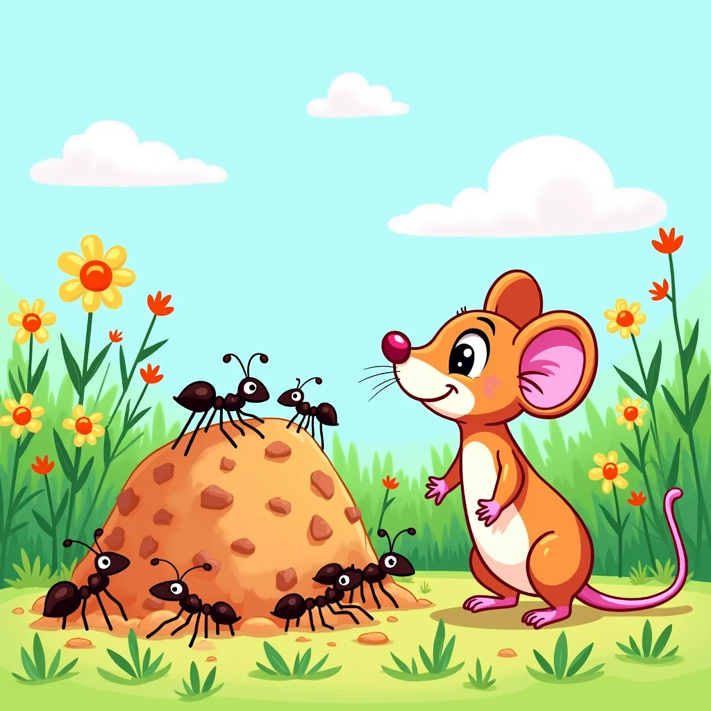 Mouse looking hungrily at an anthill. Children's drawing style for coloring