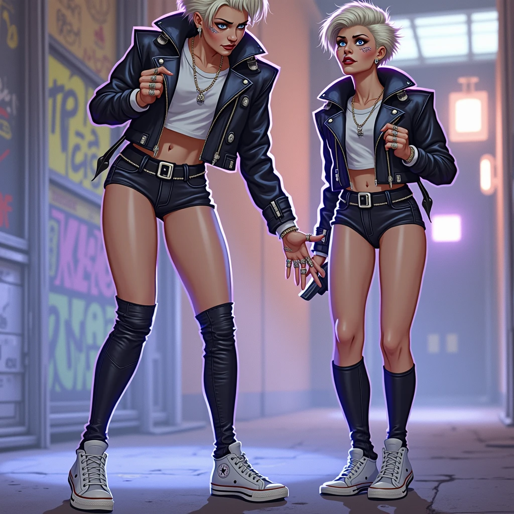Old russian milf, platinum blonde hair in pompadour style with shaved sides, with very light blue eyes, pale, lots of eye shadows. Wearing black moto jacket, cropped rock t-shirt, low rise black leather jeans and white tennis sneakers. Studded belt, lots of rings and studded bracelets, Very scared, trying to hide