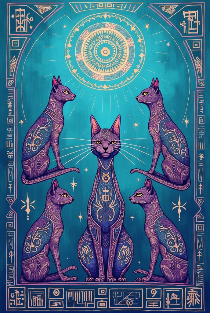 A drawing of cats with a tribal and Egyptian style, with linear shapes in the middle, on a cyan background with shades of purple.. The cats should be small elements in the whole drawing - they are in the background, and the symbols should predominate in the rest of the sheet. The design must be linear and symmetrical.