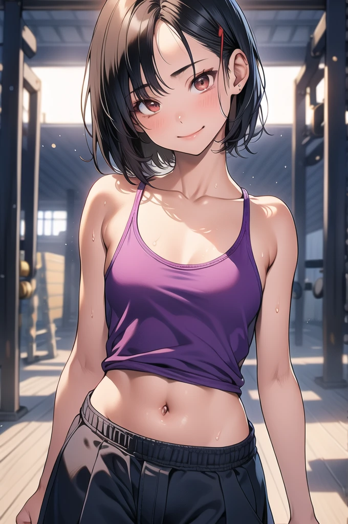 ((masterpiece,Highest quality:1.3,best quality illustration)),((realistic:1.2)),cowboy shot,solo,1woman,18 year old beauty、black hair,short bob hair,(center parted bangs),black eyes,(gorgeous big eyes),((very small head:1.4)),shy,smile,((slender body:1.2,skinny)),(tan skin:1.4),small breasts,(purple tank top、school gym red buruma),gleaming skin,oily skin,slender body,sweat,standing,playground、Schoolyard、School、Tokyo、