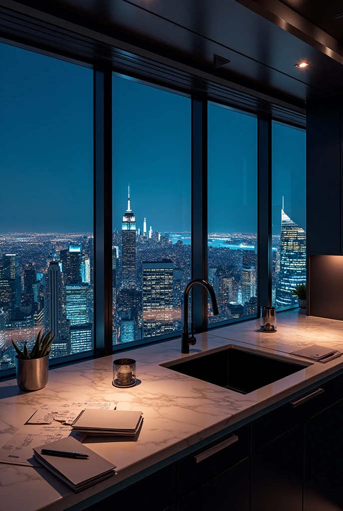 Imagine a cozy modern futuristic kitchen, files scattered on the marble countertop, panoramic window view of new york city, night, dark lighting, futuristic, no people