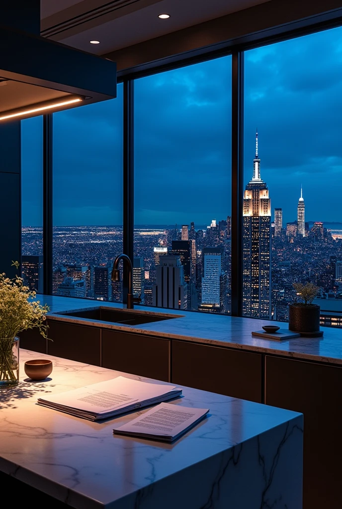 Imagine a cozy modern futuristic kitchen, files scattered on the marble countertop, panoramic window view of new york city, night, dark lighting, futuristic, no people