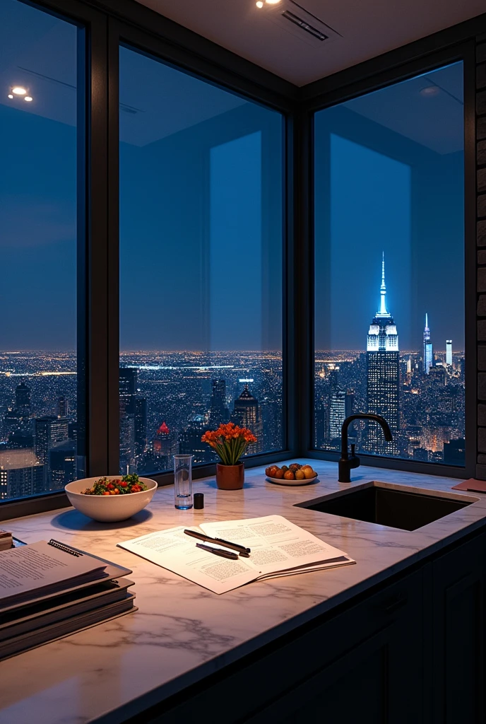 Imagine a cozy modern futuristic kitchen, files scattered on the marble countertop, panoramic window view of new york city, night, dark lighting, futuristic, no people