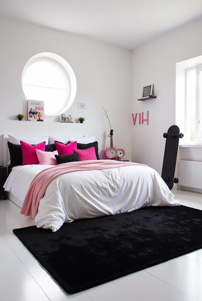 A white room, black and pink with several pillows on the bed, a pink alarm clock, with a black skateboard, and a sign that reads Vih on the nightstand, that this room have a long velvet rug in black and the room be spacious