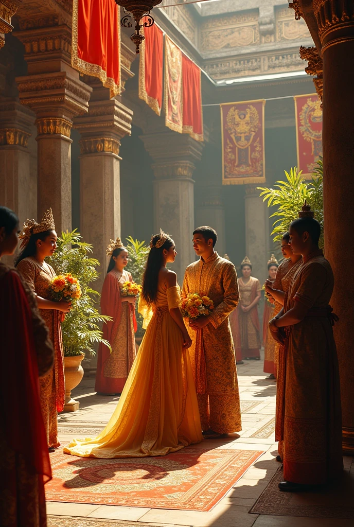 Generate an image of a royal wedding in the Majapahit era. The scene should show a grand ceremony where a princess of Majapahit is being married to a small king or noble from another region in Nusantara. The setting should be an opulent Javanese palace courtyard with traditional decorations, surrounded by nobles and guests in regal attire. The bride should wear a traditional Javanese bridal dress, and the groom should be in royal attire from a different region, symbolizing a political alliance. The atmosphere should feel celebratory but also strategic, with subtle expressions showing the political significance.