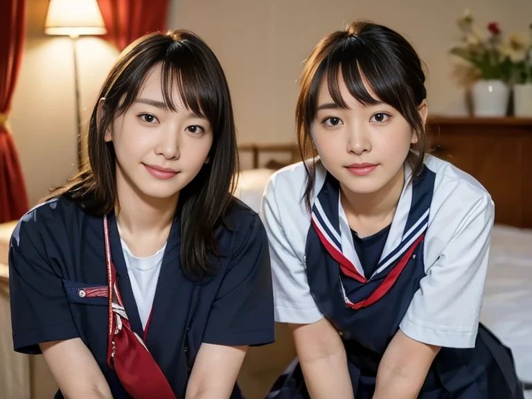 (Masterpiece, Best quality:1.4), (Ultra realistic, Photo-realistic:1.2), Natural light, 25 years old actress, Japanese women, Neat and clean, (school uniform, sailor suit, short sleeve suit, traditional Japanese style with white and navy blue colors, detailed red ribbon and navy blue pleated skirt:1.2), (Ponytail:1.2), Short wavy hair, Light brown hair color, (Beautiful Faces), Oval face, clear, (Beautiful eyes, Kind eyes), (Clear skin), Small face, (Small mouth), (Beautiful mouth), Natural makeup, Approachable, Luxury hotel Suite room, On bed, Seductive smile, (Seductive pose:1.2), (Beautiful thighs:1.1), (Bedroom eyes), (nsfw:1.1), (lesbian couple:1.1), (petting together:1.2), obscene reality of girls, (crotch rub:1.1),