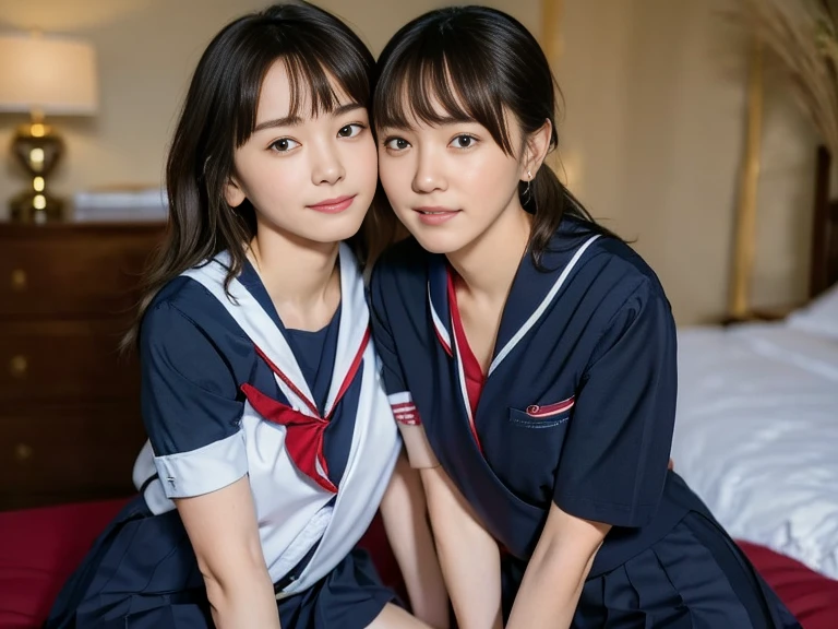 (Masterpiece, Best quality:1.4), (Ultra realistic, Photo-realistic:1.2), Natural light, 25 years old actress, Japanese women, Neat and clean, (school uniform, sailor suit, short sleeve suit, traditional Japanese style with white and navy blue colors, detailed red ribbon and navy blue pleated skirt:1.2), (Ponytail:1.2), Short wavy hair, Light brown hair color, (Beautiful Faces), Oval face, clear, (Beautiful eyes, Kind eyes), (Clear skin), Small face, (Small mouth), (Beautiful mouth), Natural makeup, Approachable, Luxury hotel Suite room, On bed, Seductive smile, (Seductive pose:1.2), (Beautiful thighs:1.1), (Bedroom eyes), (nsfw:1.1), (lesbian couple:1.1), (petting together:1.2), obscene reality of girls, (crotch rub:1.1),
