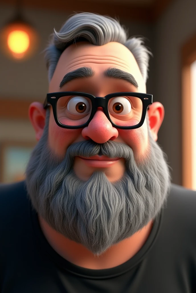 Cartoon character of a man with short gray hair and a big, closed beard, about 120 kilograms, few freckles on the face, Brown eyes, with black glasses and a black shirt, animation character, stylized character, animation style rendering, 3D stylized, Arnold Maya rendering, Render 3D stylized, Toon render keyshot, 3D character, 3D character, Stylized 3D rendering, 3d character rendering, cartoon character, Close-up character, Character pose, (pixar style) (master part:1.2) (bokeh) (Best Quality) (detailed skin) (detailed texture) (8k) (clay) (cinematic lighting) (sharp focus)