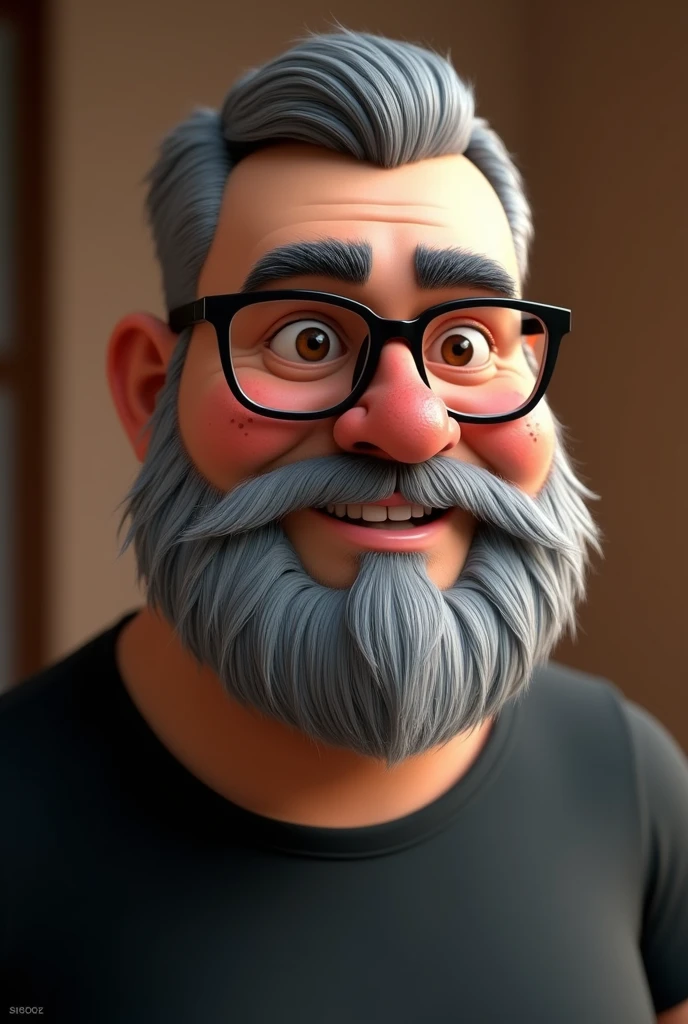 Cartoon character of a man with short gray hair and a big, closed beard, about 120 kilograms, few freckles on the face, Brown eyes, with black glasses and a black shirt, animation character, stylized character, animation style rendering, 3D stylized, Arnold Maya rendering, Render 3D stylized, Toon render keyshot, 3D character, 3D character, Stylized 3D rendering, 3d character rendering, cartoon character, Close-up character, Character pose, (pixar style) (master part:1.2) (bokeh) (Best Quality) (detailed skin) (detailed texture) (8k) (clay) (cinematic lighting) (sharp focus)