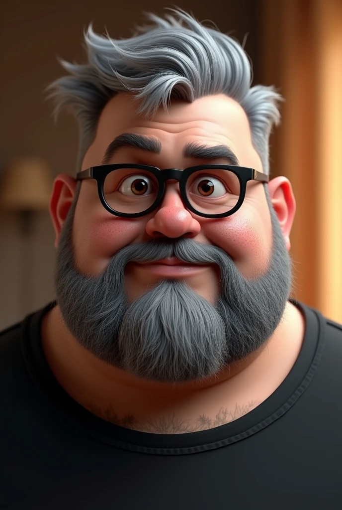 Cartoon character of a man with short gray hair and a big, closed beard, about 120 kilograms, few freckles on the face, Brown eyes, with black glasses and a black shirt, animation character, stylized character, animation style rendering, 3D stylized, Arnold Maya rendering, Render 3D stylized, Toon render keyshot, 3D character, 3D character, Stylized 3D rendering, 3d character rendering, cartoon character, Close-up character, Character pose, (pixar style) (master part:1.2) (bokeh) (Best Quality) (detailed skin) (detailed texture) (8k) (clay) (cinematic lighting) (sharp focus)