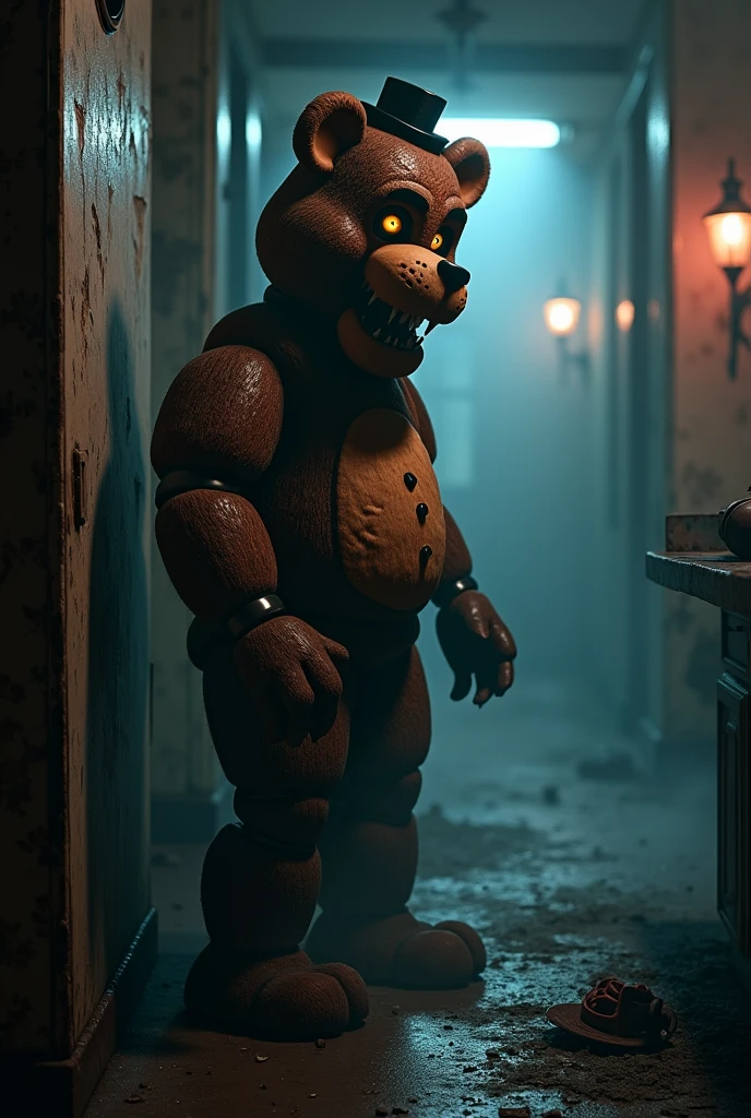 FREDDY FAZZBEAR SIDEWAYS, make it sideways, a profile pose, whole body sideways, look to the left, but make him scary