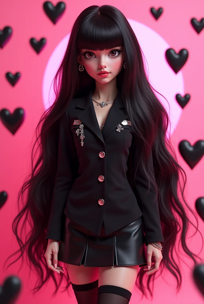 Generate roblox character in girl with super very black long hair with black uniform with black skirt and background in pink with beautiful black hearts in roblox brookenhaven