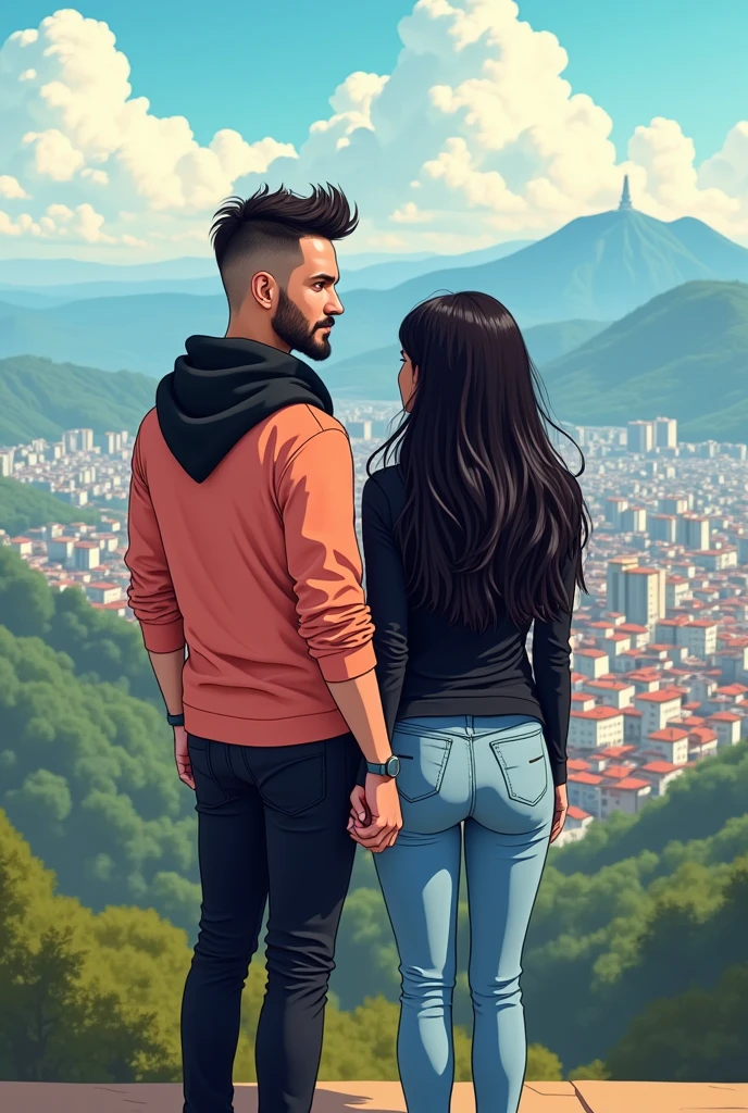 In a cartoon
A couple, the boy with a salmon-colored shirt, black pants, black scarf, White skin, brown-green eyes, with beard, black hair shaved on the sides and a little long on top, con brackets.
Next to him, Clinging, the girlfriend not that tan, long black hair, with brackets, dark eyes, nalgona, black jacket, light blue jean, with his hand touching his leg, and in the background they are at a viewpoint in Bogota called Monserrate, where you can see the whole city. both looking forward